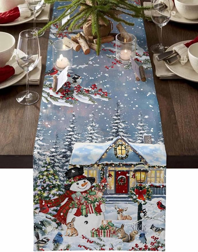 Merry Christmas Table Runner 60 Inches Long, Xmas Trees Snowman Snowflake Table by Unknown