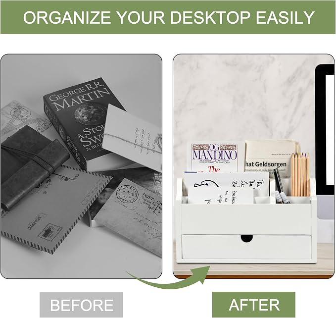 Desk Organizer with Drawer Wood File Office Mail Organizer Countertop | 5 Slot - Image 5