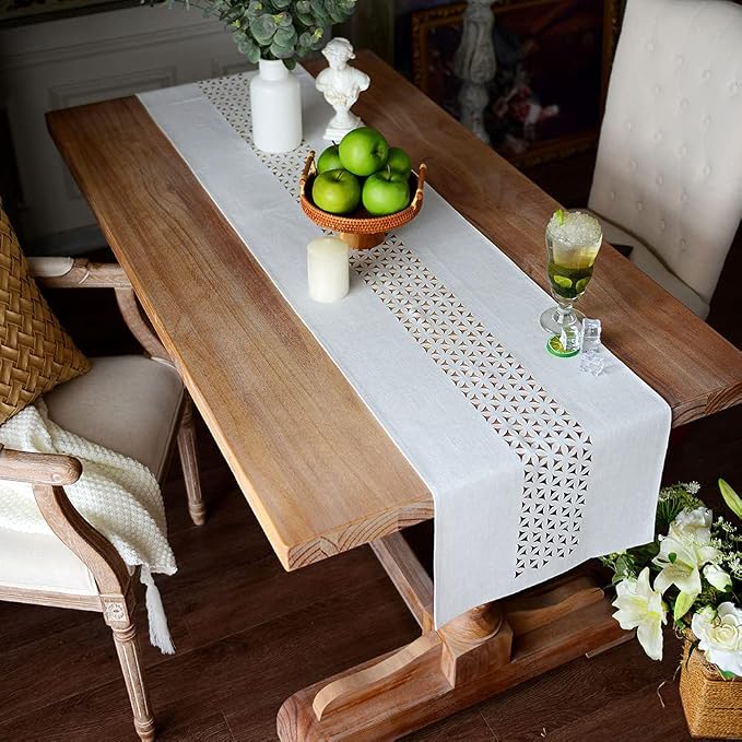 ARTABLE Off White Farmhouse Fabric Table Runner Finished Edge 16 x 70 Inch | - Image 3