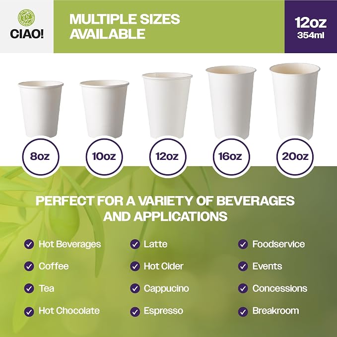CIAO! 12oz White Paper Hot Cup, Disposable, 90mm Diameter 1 - Image 5