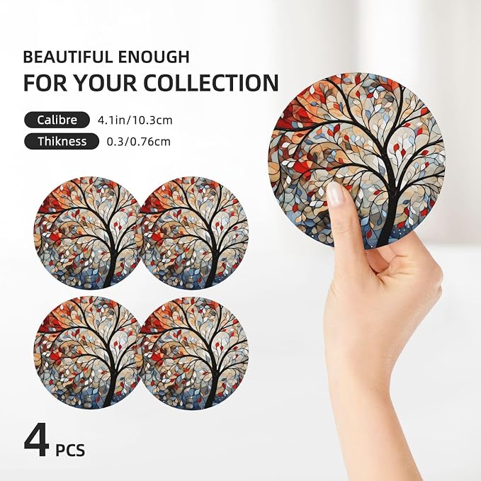Artistic Tree Pattern Coasters for Drinks Absorbent Round Ceramic Coasters Set - Image 3