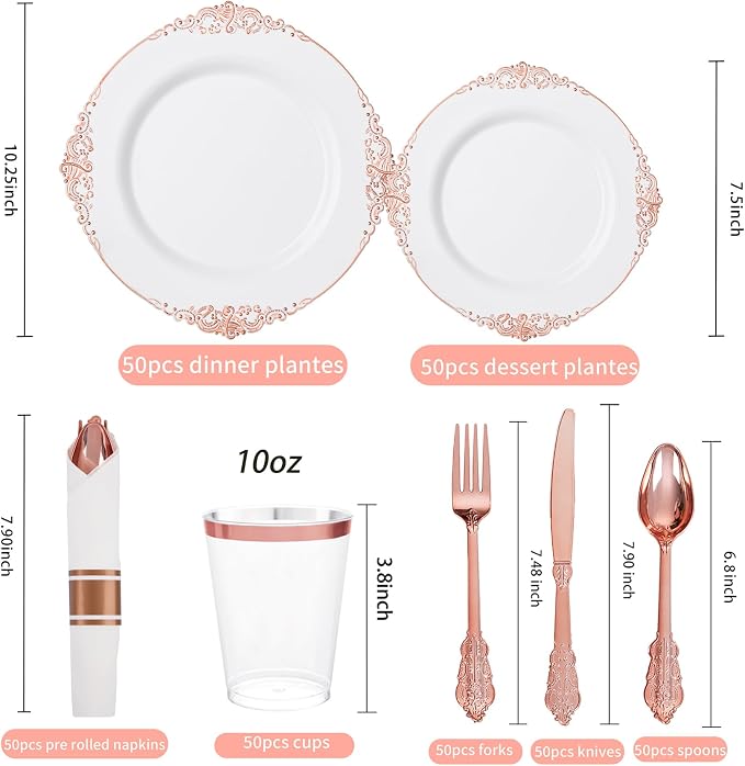350 Pcs Rose Gold Plates for Party | Elegant Dinnerware for 50 Guests, Includes - Image 2