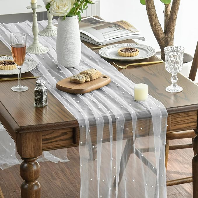 Artoid Mode 10PCS Pearl Gauze Table Runner 120 Inch 10FT, Seasonal Sheer Dining - Image 3