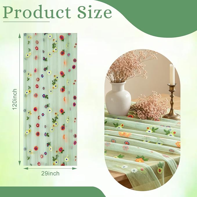 BINBE 3pcs Daisy Spring Table Runner Embroidery Gauze 10FT Florals Seasonal - Image 2