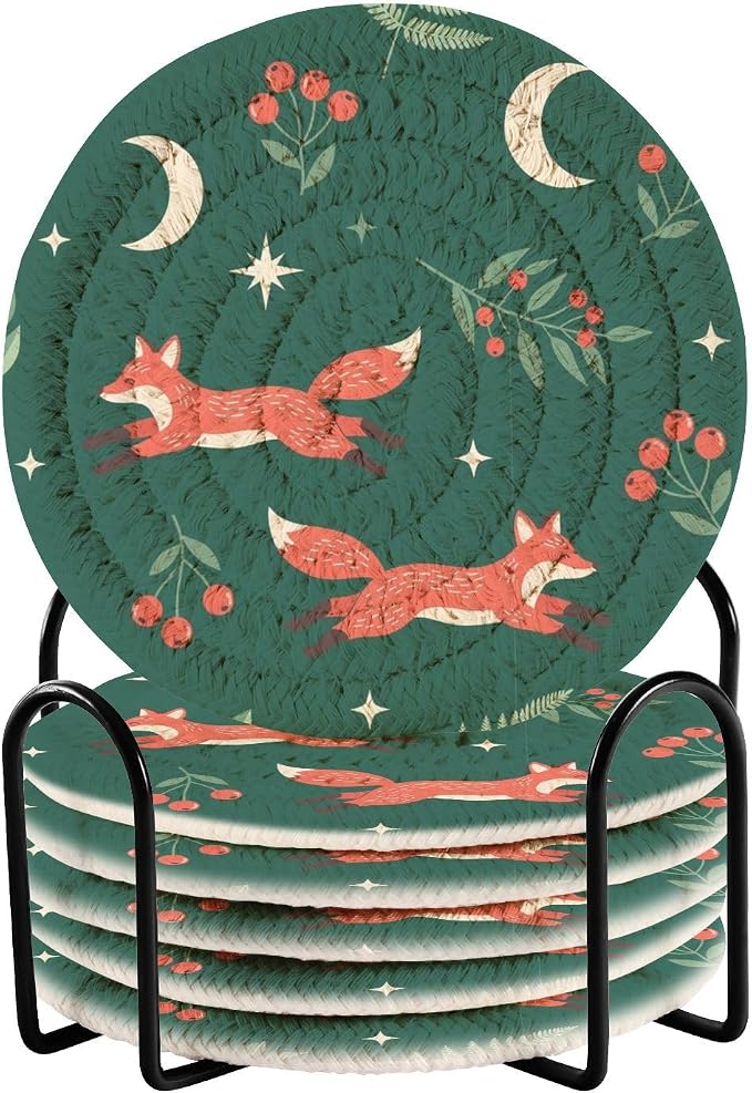 Winter Fox Berries Green Print Coasters by Unknown