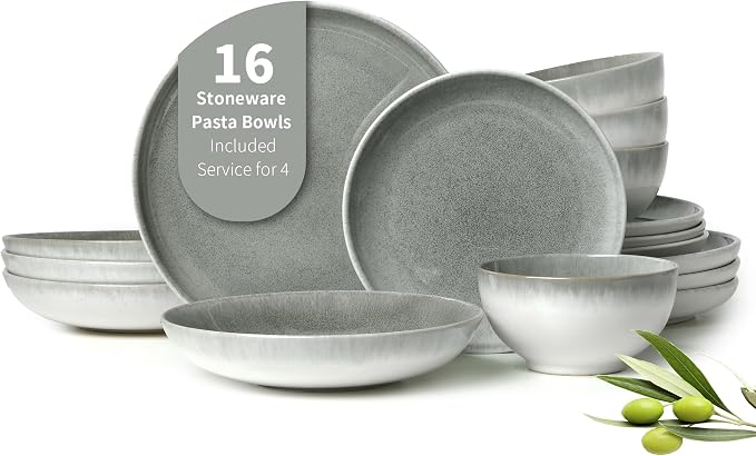 16 Piece Double Bowl Dinnerware Sets, Stain Resistant Dish Set by Pokini