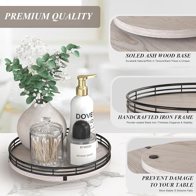AMH 9-Inch Rustic Whitewashed Wooden Lazy Susan Organizer | Smooth rotating oak - Image 6