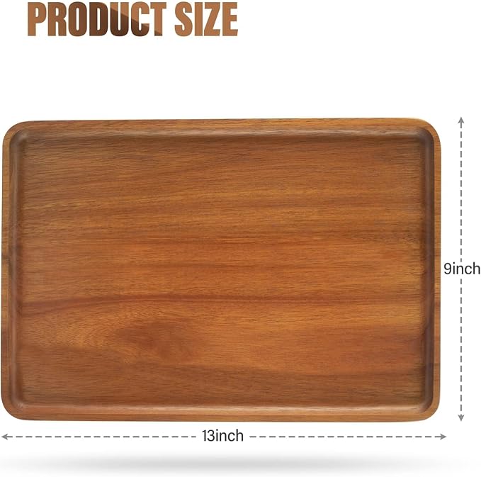 2 PCS 13 x 9 in Solid Acacia Wood Serving Trays Rectangular Wooden Serving - Image 2