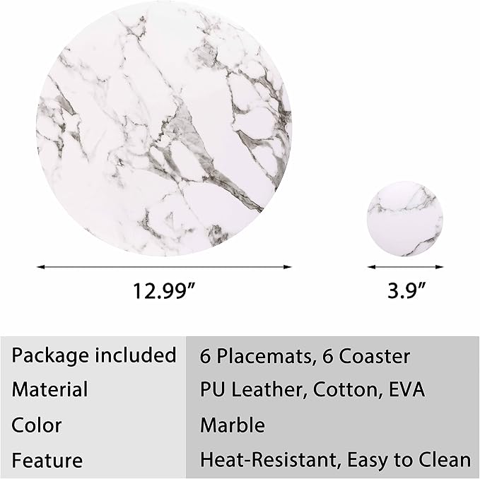 Set of 6 Marble Round Placemats and Coasters, Faux Leather Waterproof Table Mats - Image 7