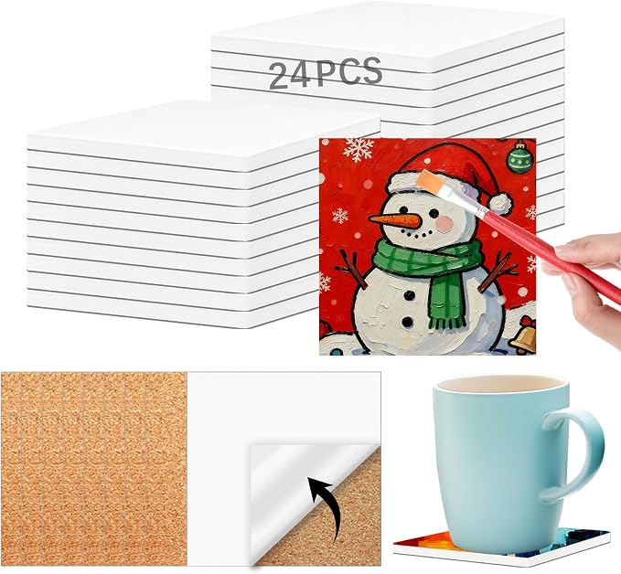 24 PCS Ceramic Tiles for Crafts 4x4 inches and self-Adhesive Cork mat, unglazed by Anpuimult