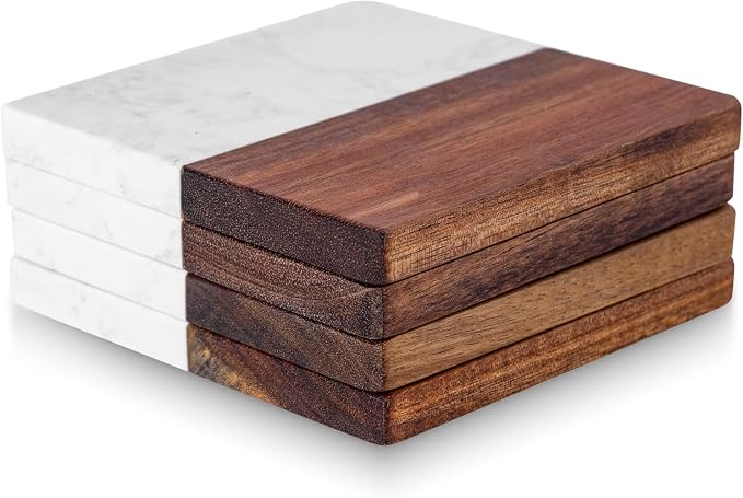 Marble Coasters: 4-piece Set of Acacia Wood Marble Coasters, Suitable by Kitchenitemsforbeauty