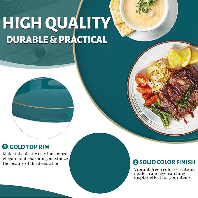 13" Teal Decorative Tray, Plastic Round Serving Tray - Image 4