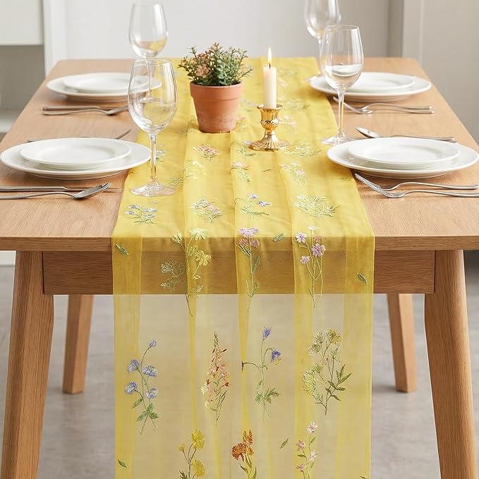 Artoid Mode Wildflower Floral Yellow Gauze Embroidery Table Runner 120 Inch 10FT - Image 3