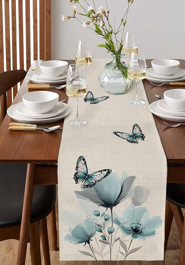 Turquoise Floral Table Runners 90 Inches Long, Spring Flowers Butterfly Table - Image 2