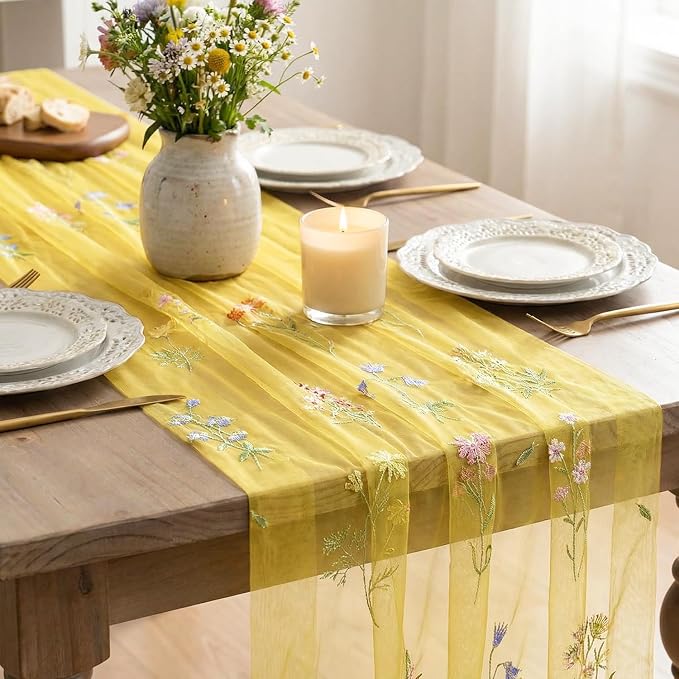 Artoid Mode Wildflower Floral Yellow Gauze Embroidery Table Runner 120 Inch 10FT - Image 4