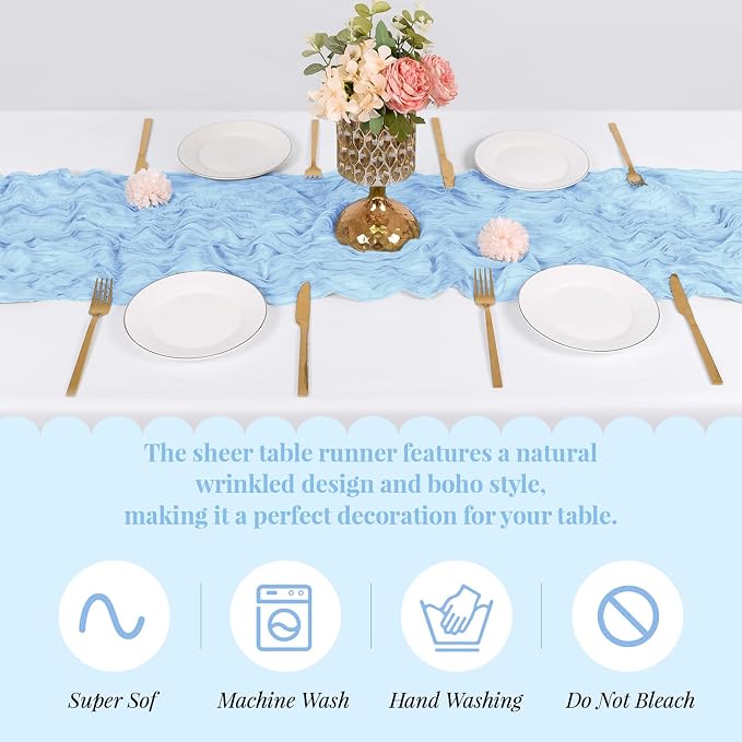3 Pack Baby Blue Cheesecloth Table Runner, 17 x 108 Inch, Gauze Cheese Cloth - Image 5