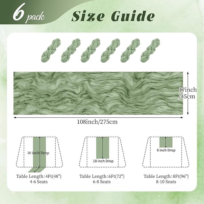 6 Pack Sage Green Cheesecloth Table Runner 17x108 Inch Semi Sheer Boho Gauze - Image 2