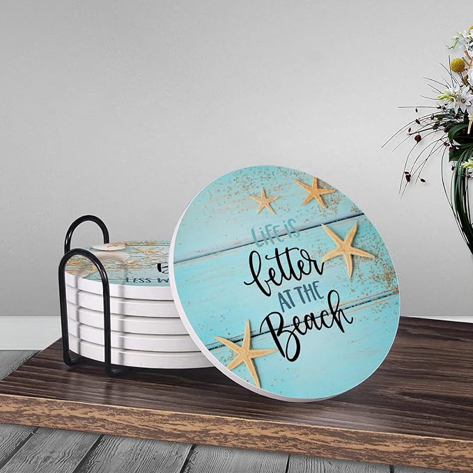 HUXJOKO Coasters for Drinks Set of 6, Seashells Starfish on Blue Wooden - Image 3