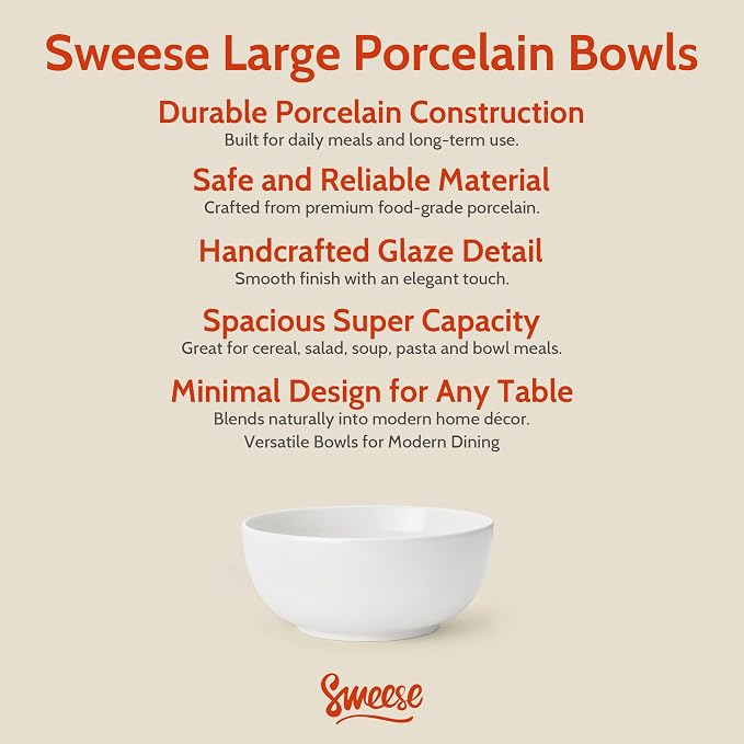 Sweese 24 oz Ceramic Cereal Bowl Set of 4, Round Serving Bowl - Image 8