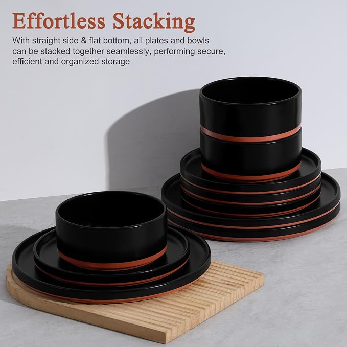 LIANYU Plates and Bowls Sets, 18 Pieces Stoneware Dinnerware Set - Image 5