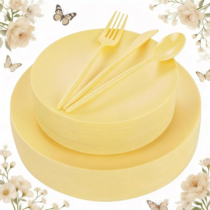 EI 150pcs Yellow Plastic Plates, Heavy Duty Bright Disposable Plate, Fancy by Ejonirinjonir
