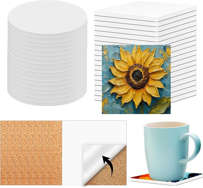24 PCS Ceramic Tiles for Crafts 4x4 inches and self-Adhesive Cork mat, unglazed by Anpuimult