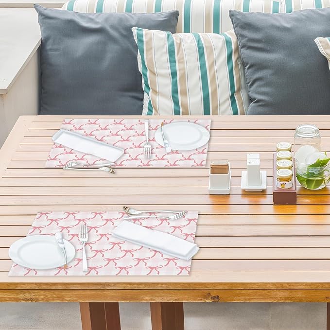 Pink Plaid Bow Placemats Set of 4, Washable Heat Resistant Placemats Kitchen - Image 4
