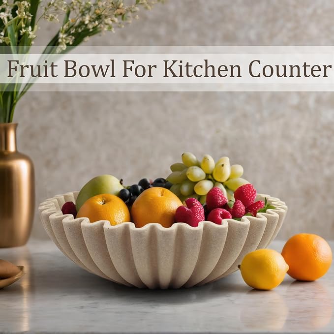 LIN CHUAN Ruffle Decorative Bowl, Large Fruit Bowl, Artificial Stone Beige | - Image 3