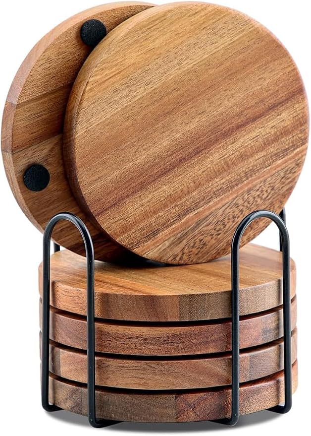 Acacia Wood Coasters with Iron Holder Stand - Image 6