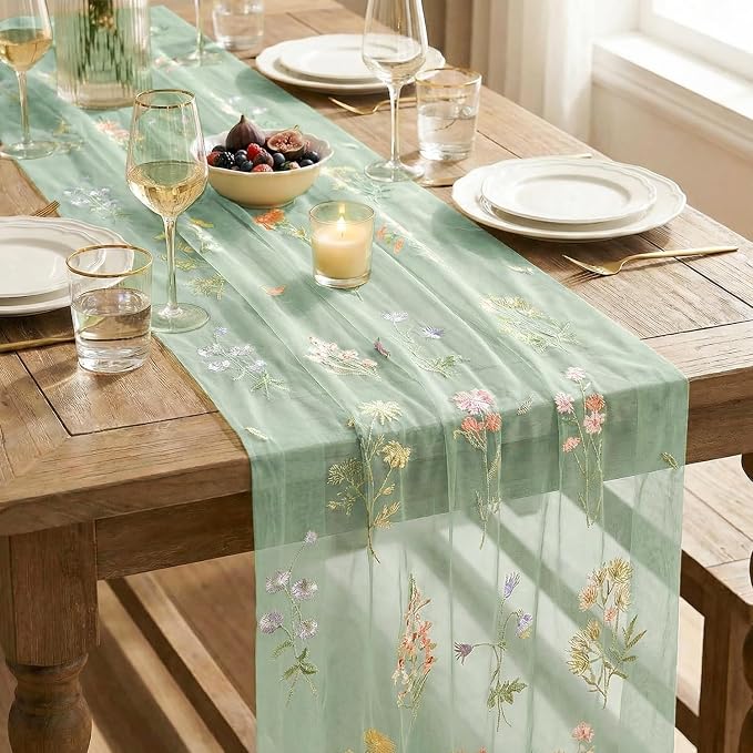 Artoid Mode Wildflower Floral Sage Green Gauze Embroidery Table Runner 120 Inch - Image 7