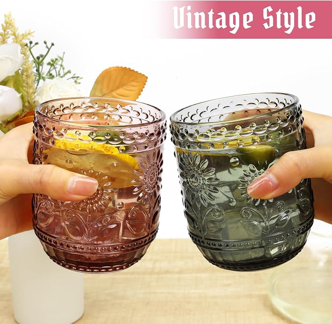 Topsky Vintage Drinking Glass Set of 4, 12 oz Embossed Floral Drinkware Set - Image 3
