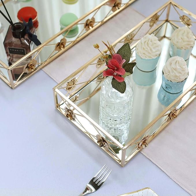 Efavormart Set of 2 Gold Metal Decorative Serving Trays Floral Bordered - Image 5