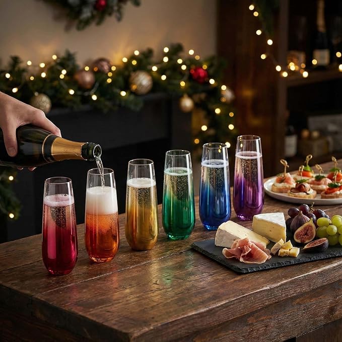 ColoVie Stemless Champagne Flutes set of 6, Colored Bar Glassware, Cocktail | - Image 2
