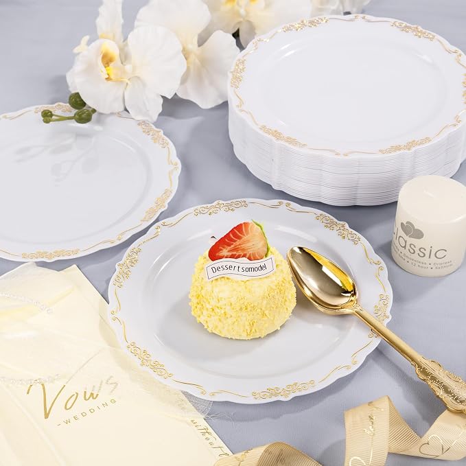DaYammi 60PCS White and Gold Plastic Plates, Disposable Heavy Duty Plates - Image 5