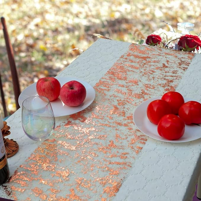 Snowkingdom 2 Pieces Rose Gold Table Runner 11"x108" Glitter Sequin Metallic - Image 7