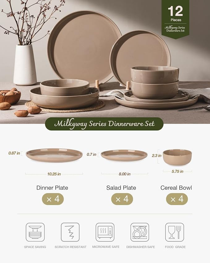 Famiware Milkyway 12-Piece Stoneware Dinnerware Set, Cinnamon Brown | Plates - Image 2