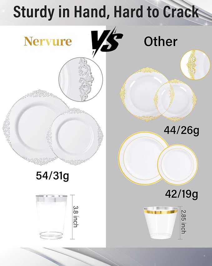 Nervure 175Pcs Silver Plastic Plates, Plastic Dinnerware Set - Image 3