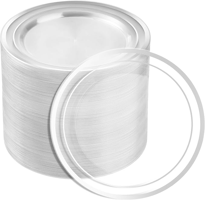 BESTSTAR 7 Inch Clear with Silver Rim Plastic Plates | 100PCS Disposable by BESTSTAR
