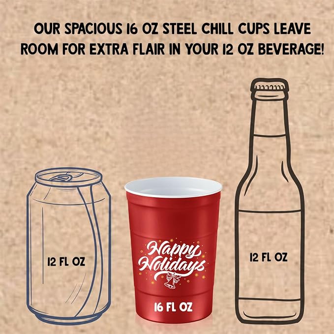 Steel Chill Cups 16 oz. Reusable Party Cups, Happy Holidays, 100% recyclable - Image 3