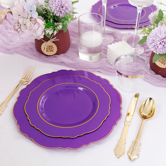 350PCS Purple Plastic Plates-Disposable Purple and Gold Plates 50 guest Baroque - Image 5