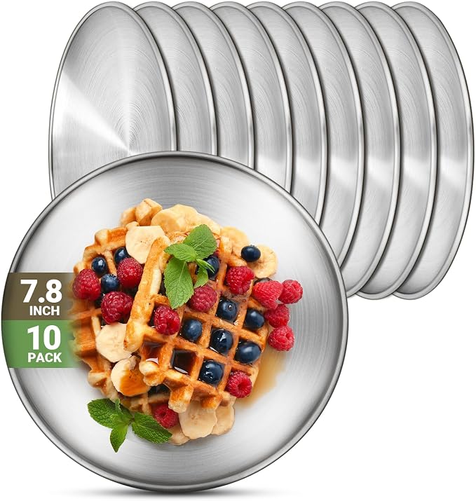 10 Stainless Steel Plates, 7.8 inch 304 Metal Camping Plate, Reusable Food by Offiper