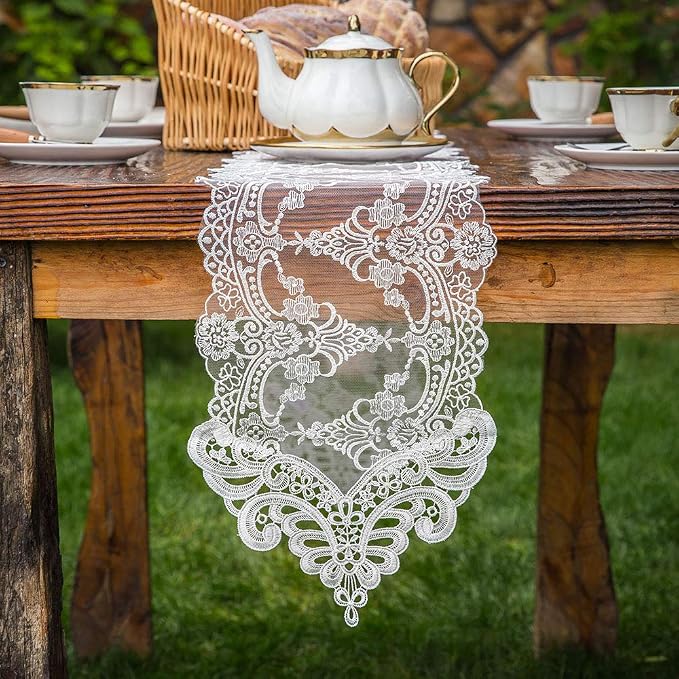 ARTABLE White Lace Table Runner Macrame Vintage Dresser Scarf 10 x 59 Inch | by ARTABLE