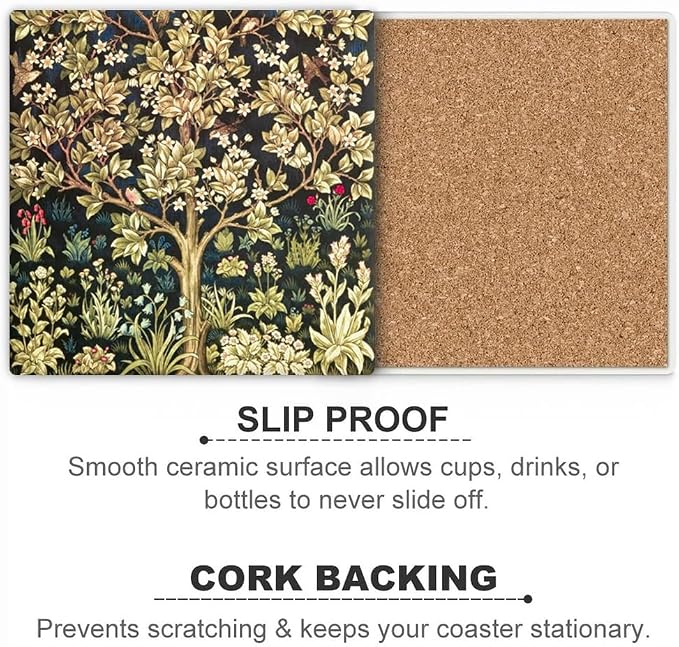 HUXJOKO Coasters for Drinks Set of 6, William Morris Floral Pattern Absorbent - Image 2