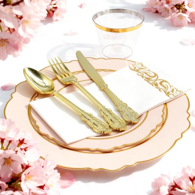 AIRE Pink Gold Plastic Plates Set, sturdy leakproof cutlery, fancy party - Image 3