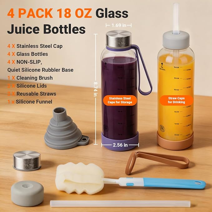 Sursip 18 oz Glass Water Bottles, 4 Pack | BPA-Free Reusable, Measurement - Image 2