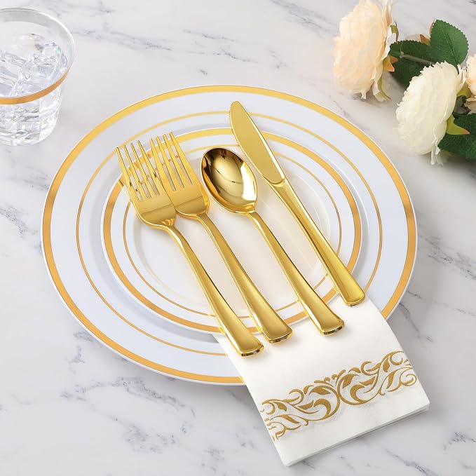 700 Piece Gold Dinnerware Set for 100 Guests, Disposable Plate Set | Include: - Image 2