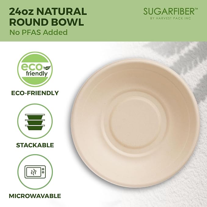 Harvest Pack PFAS FREE 24oz Compostable Bowls, Round Paper Bowls Heavy-Duty - Image 3