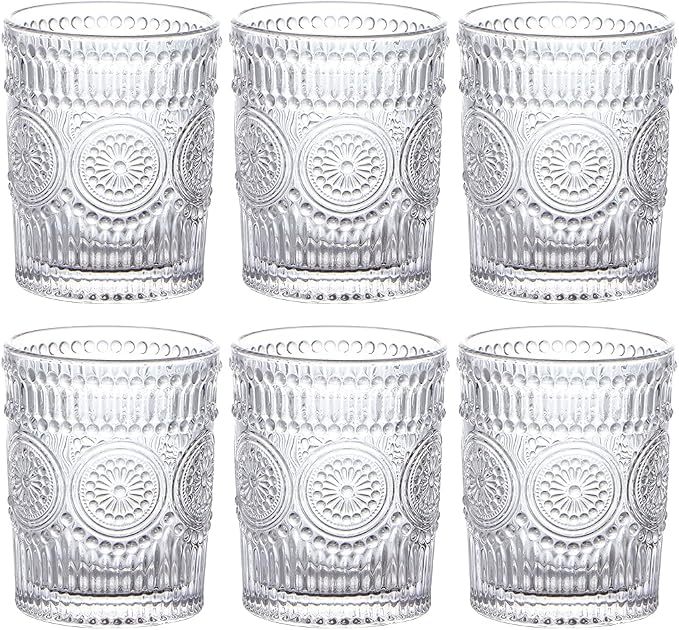 MDLUU 6-Pack Embossed Drinking Glasses, Romantic Glassware, Vintage Glass by MDLUU
