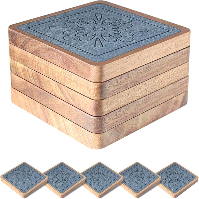 Square Coasters for Drinks, Absorbent Coaster Sets of 5, Wood Drinks Coasters by EDEGG