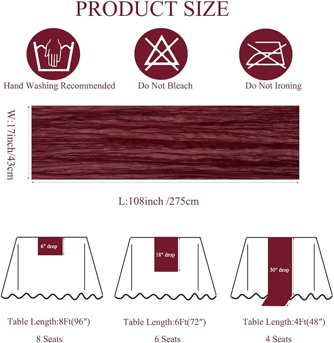 3Pack Burgundy Cheesecloth Table Runners 17 x 108 inch Sheer Table Runner | - Image 3